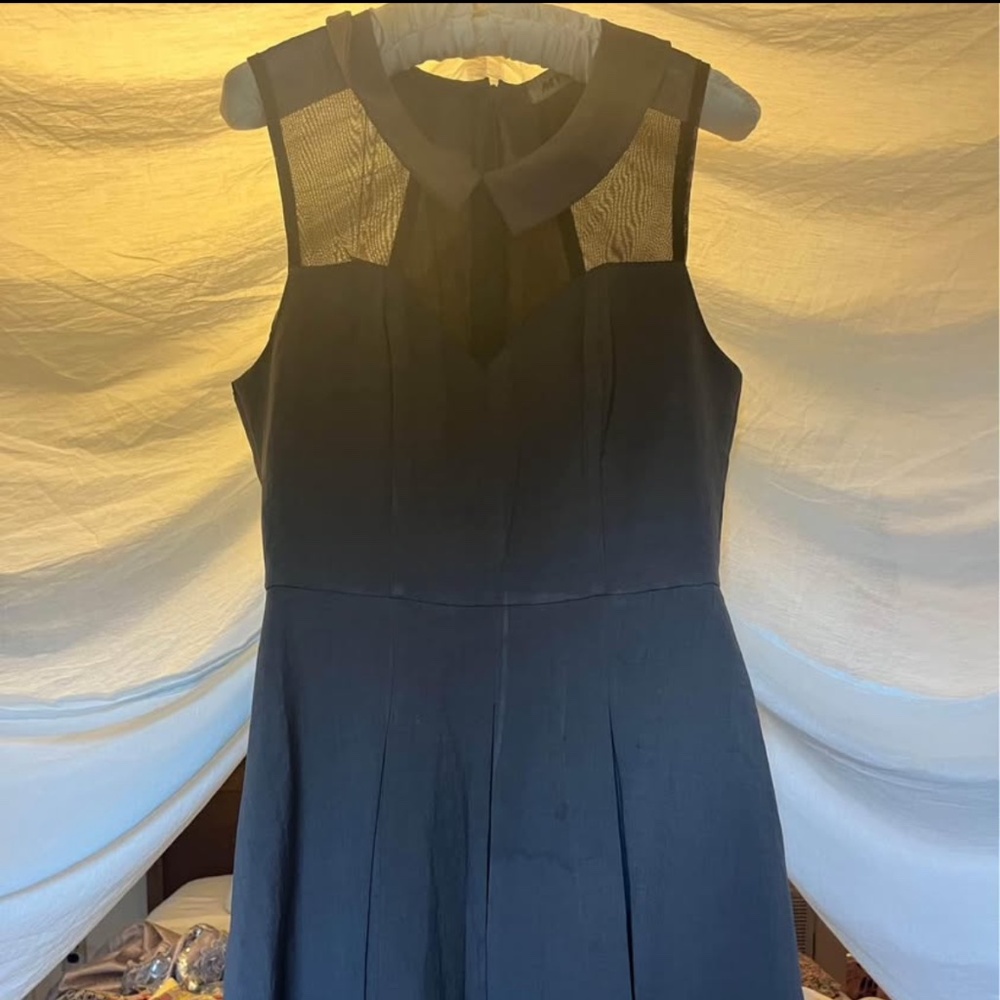 Modcloth 60s Style Slate Grey Box Pleat Dress with Mesh Inserts In Bodice and Ed